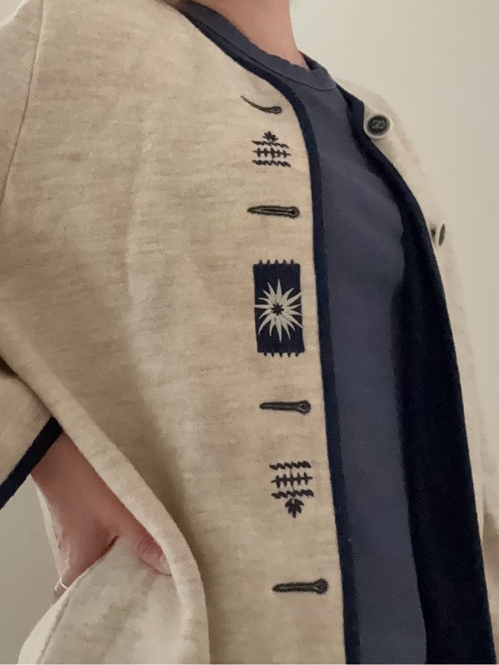 Vintage 100% Wool Cardigan – Cream & Navy – Size M